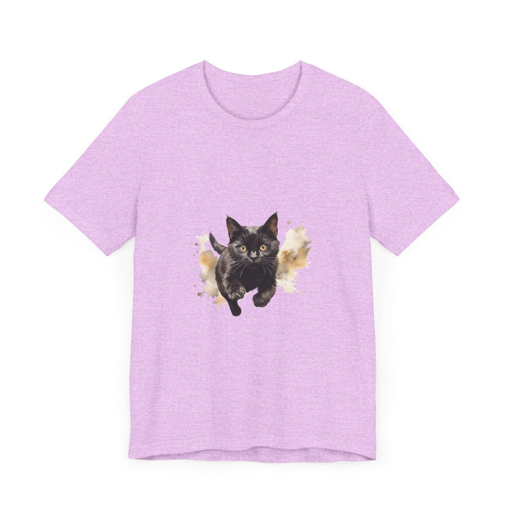 Black Cat Watercolor Sprint T-Shirt: A soft and comfy t-shirt featuring a stunning watercolor print of a black cat, perfect for cat lovers and art enthusiasts