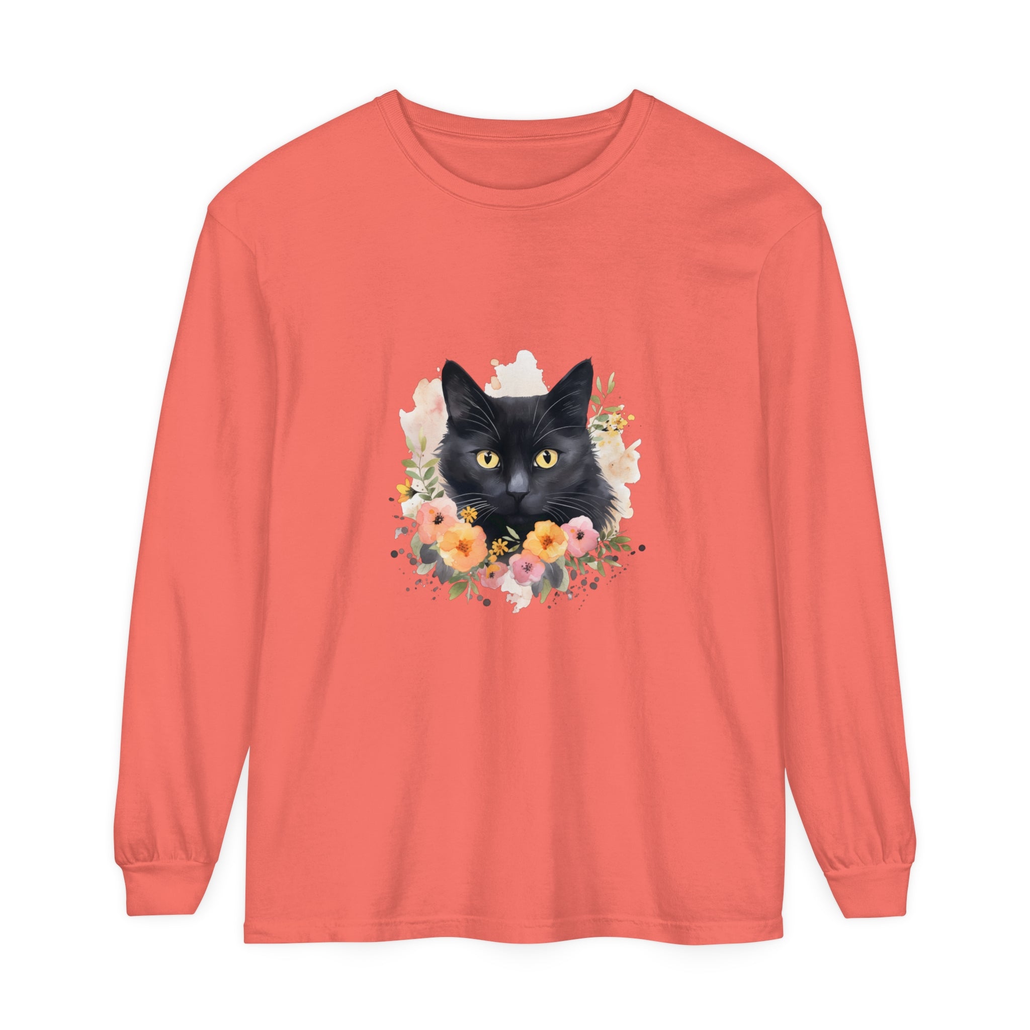 Black Cat Floral Portrait Unisex T-Shirt featuring a beautiful, detailed illustration of a black cat surrounded by colorful flowers and foliage