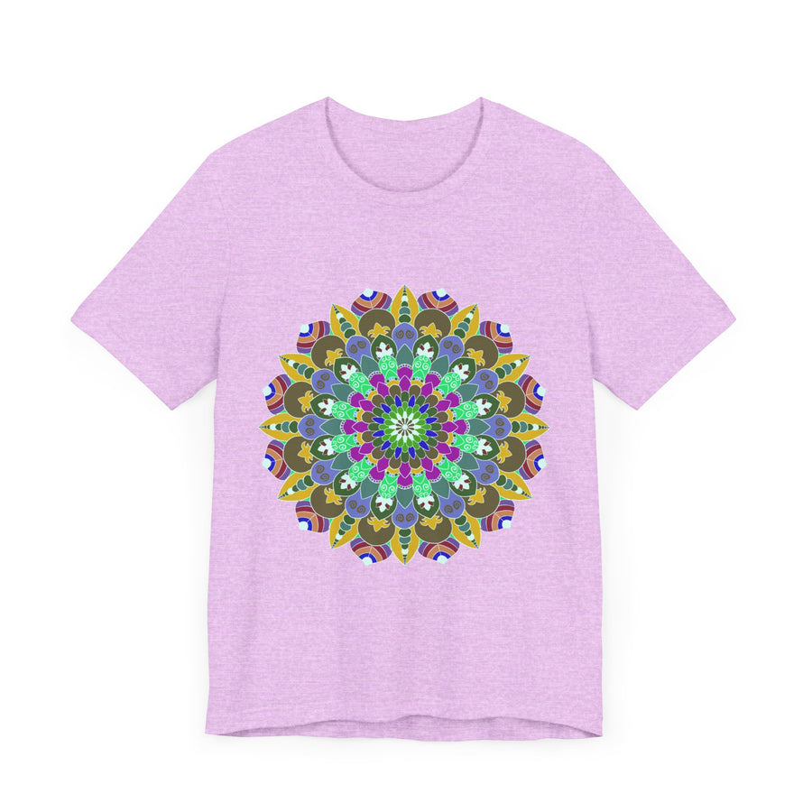 A vibrant and intricately designed mandala peace t-shirt featuring colorful spiritual art