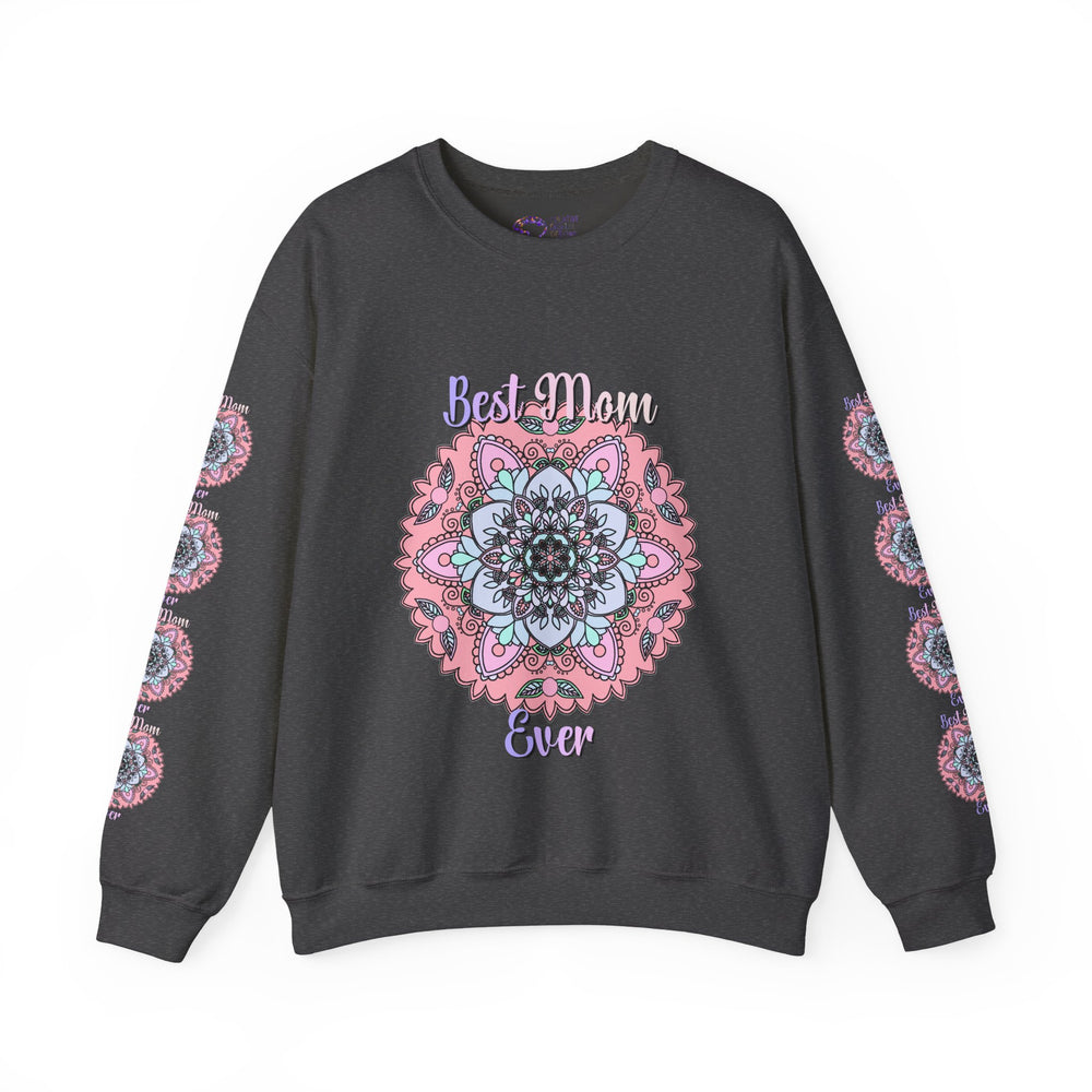 Black sweatshirt with pink and blue floral design and 'Best Mom Ever' text on a white background