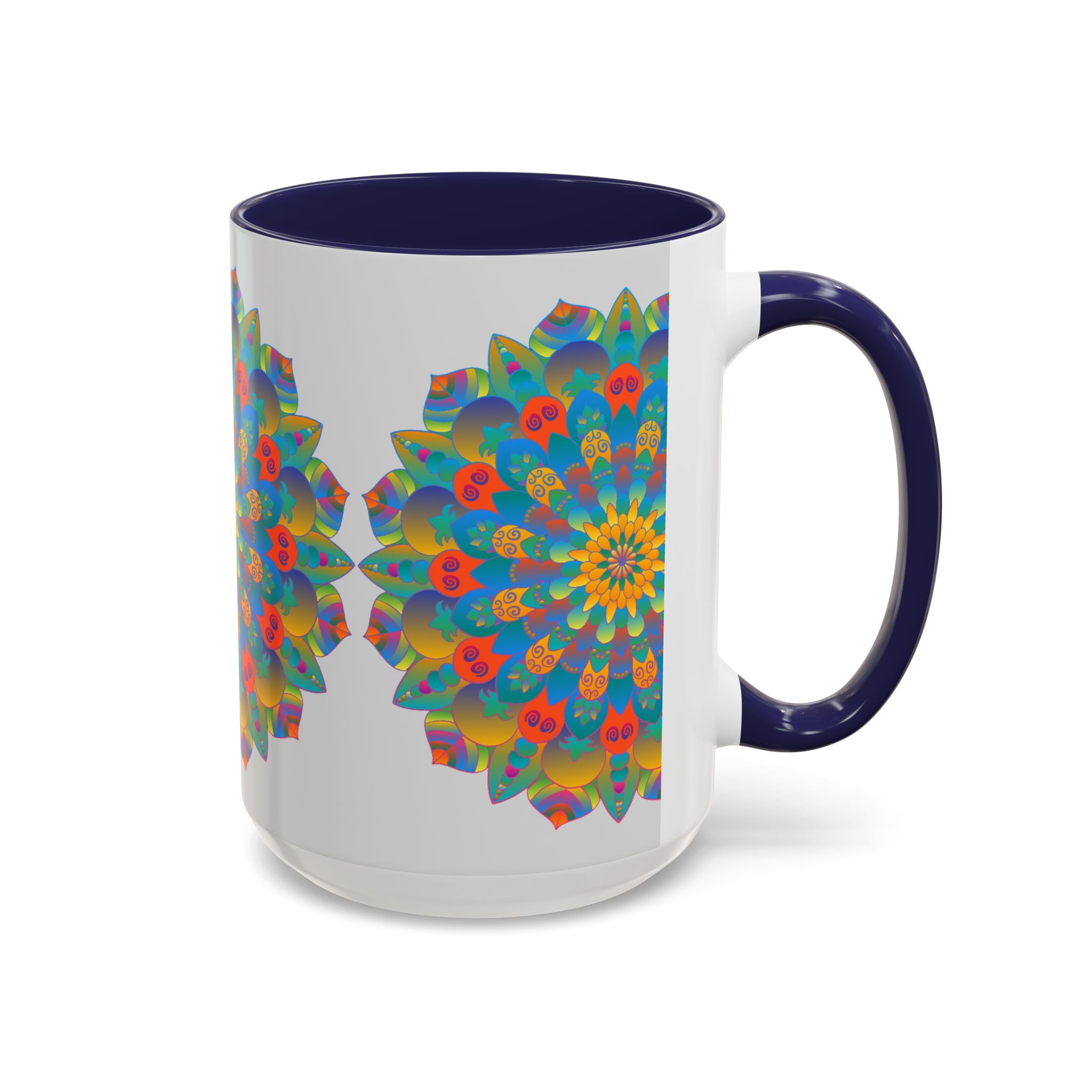 Handcrafted ceramic mug with intricate mandala design in vibrant yellow, orange, and blue colors, perfect for enjoying your favorite hot beverages