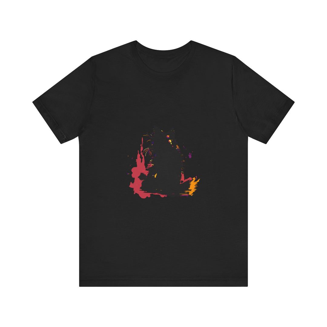 Black Cat Mystery T-Shirt featuring vibrant colorful splatter art design