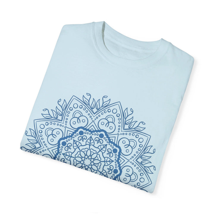 Handmade unisex Mandala T-shirt featuring a unique, garment-dyed design drawn by hand