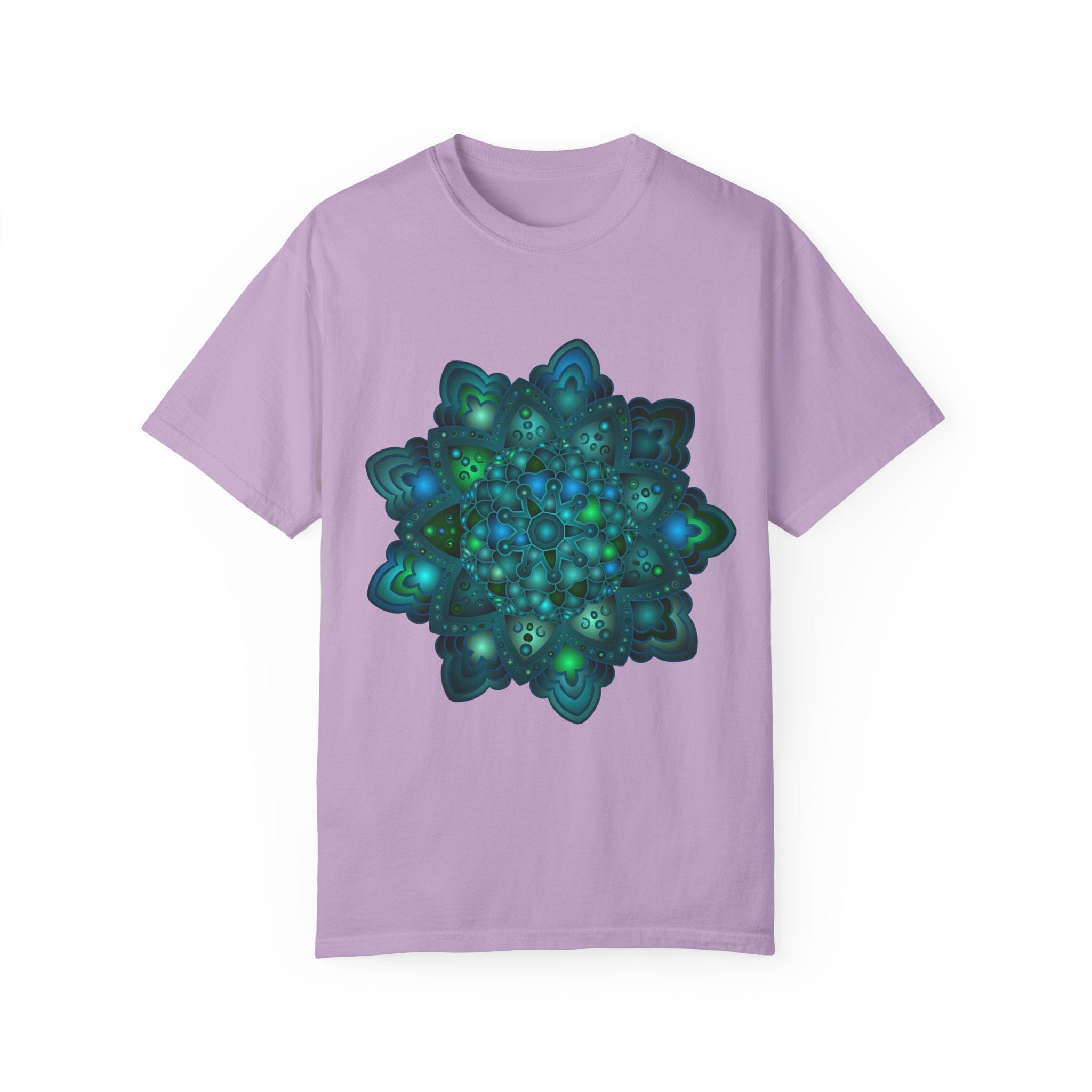 Intricate Blue & Green Mandala T-Shirt - Unisex, featuring detailed mandala design in vibrant shades of blue and green, perfect for both men and women