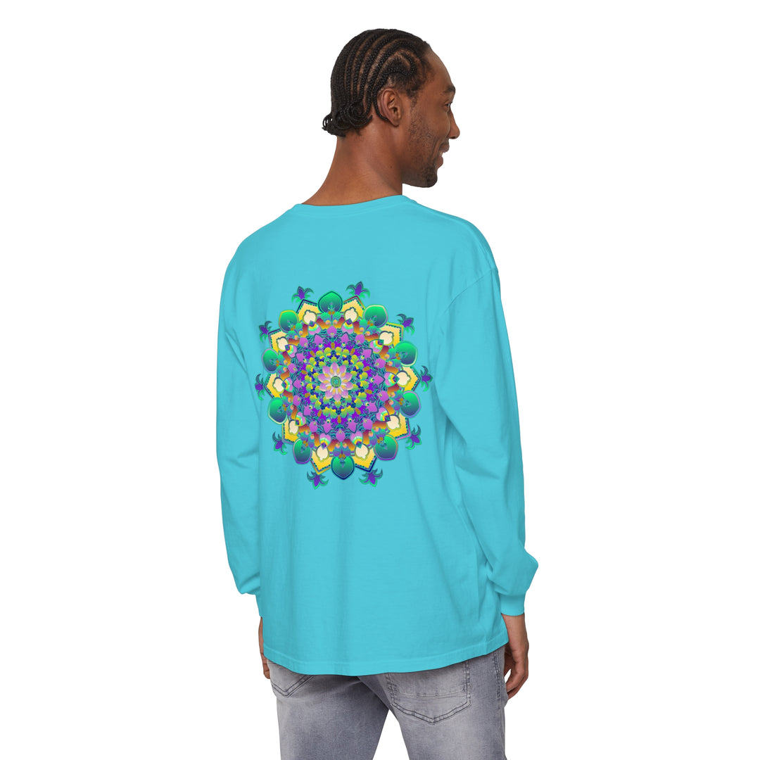 Intricate Mandala Long Sleeve T-Shirt, with detailed floral pattern in blue, white, and gold