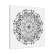 Handmade mandala art featuring intricate black and white designs, printed on matte canvas, stretched and framed at 125 inches