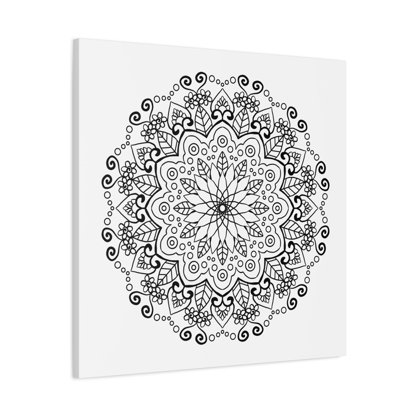 Handmade mandala art featuring intricate black and white designs, printed on matte canvas, stretched and framed at 125 inches