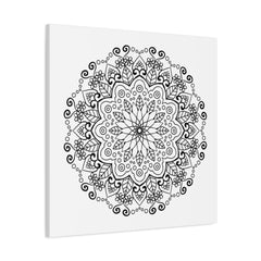 Handmade mandala art featuring intricate black and white designs, printed on matte canvas, stretched and framed at 125 inches