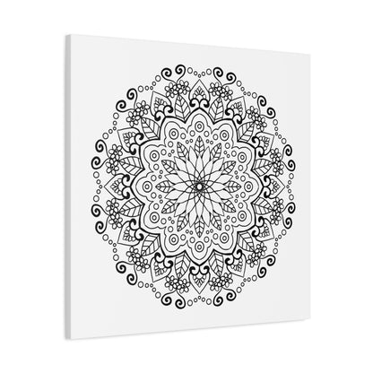 Handmade mandala art featuring intricate black and white designs, printed on matte canvas, stretched and framed at 125 inches