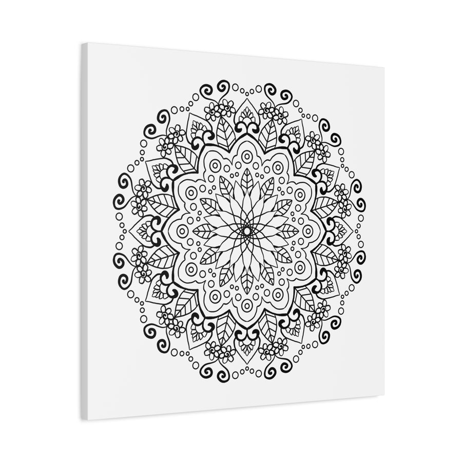 Handmade mandala art featuring intricate black and white designs, printed on matte canvas, stretched and framed at 125 inches