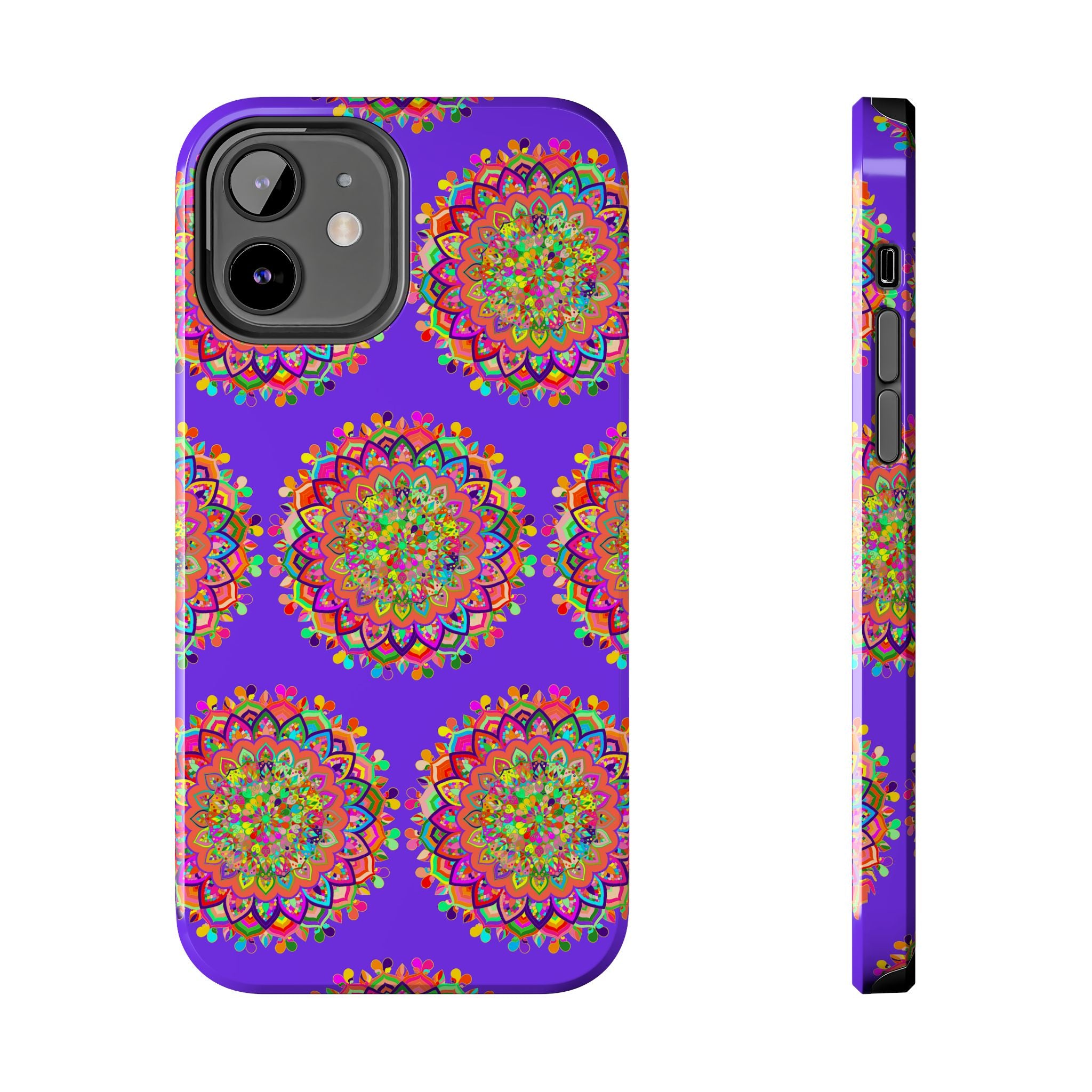 Hand drawn small purple mandala art phone case designed for iPhone X and XS showcasing intricate and unique design