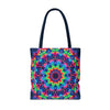 Colorful psychedelic mandala tote bag with intricate geometric patterns and vibrant hues