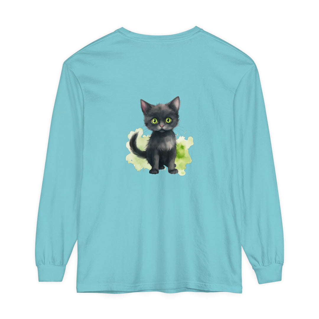 A long sleeve t-shirt featuring a watercolor image of a black cat