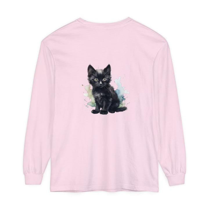 Black Kitten Watercolor Long Sleeve T-Shirt with adorable cat design