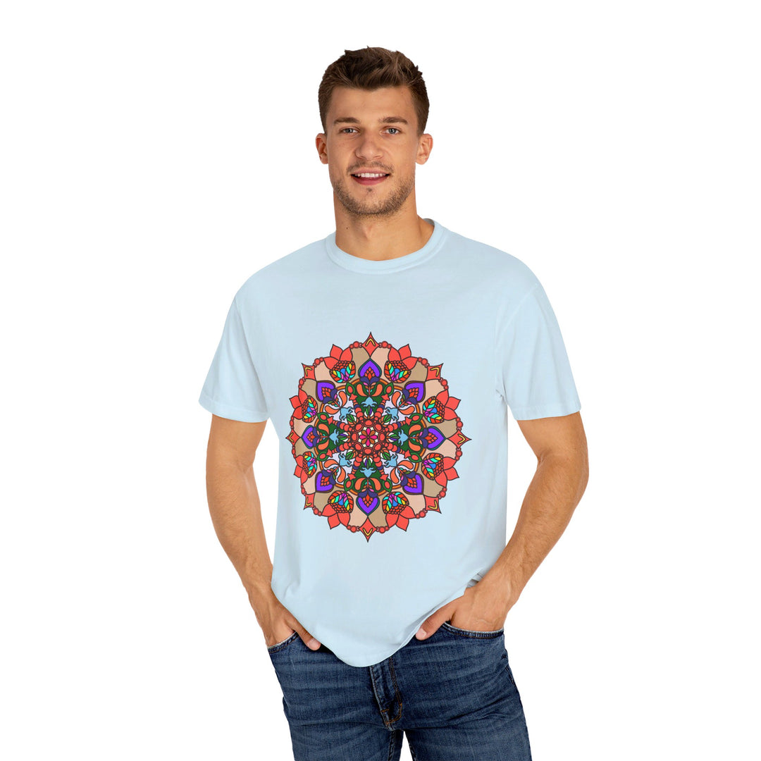 Unisex Mandala T-shirt made with 100% ring-spun cotton, featuring hand-drawn mandala art and garment-dyed for extra comfort