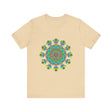 A vibrant and colorful tie-dye t-shirt featuring a psychedelic mandala design