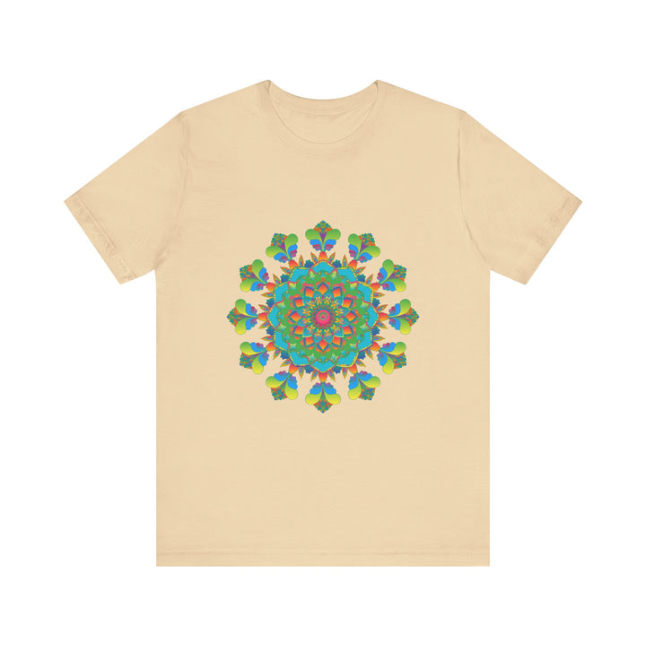 A vibrant and colorful tie-dye t-shirt featuring a psychedelic mandala design