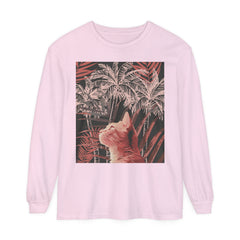 White t-shirt featuring a playful ginger cat design and palm leaf print