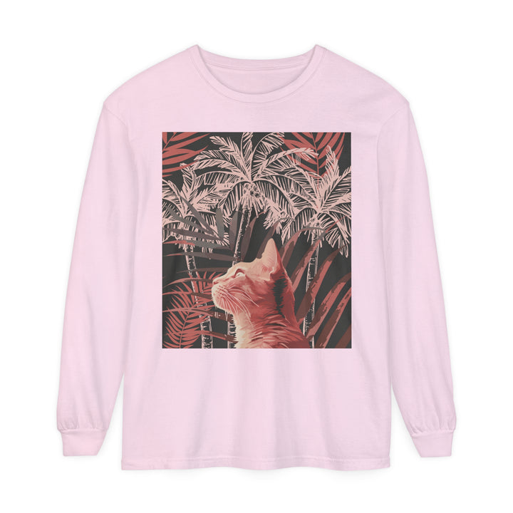 White t-shirt featuring a playful ginger cat design and palm leaf print