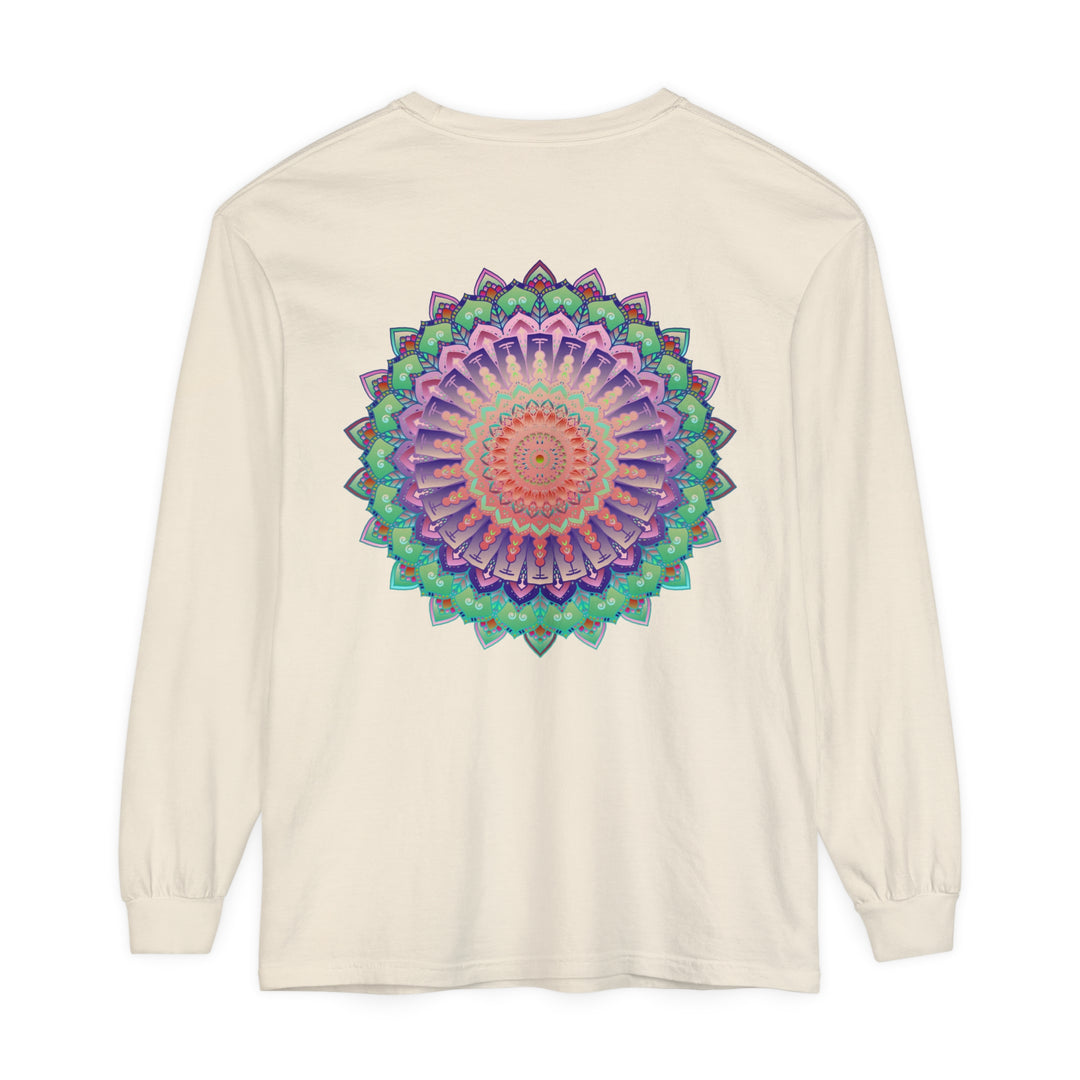 Colorful and intricate mandala design on a long sleeve t-shirt for all genders