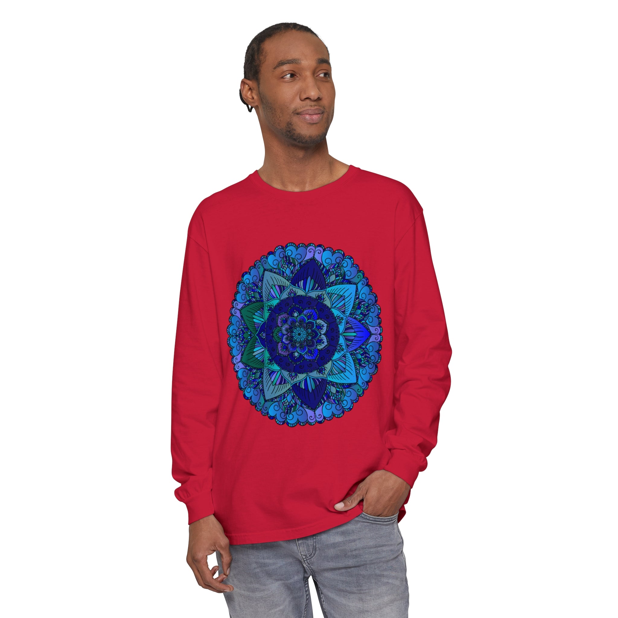 Dark blue and green mandala long sleeve t-shirt with intricate design