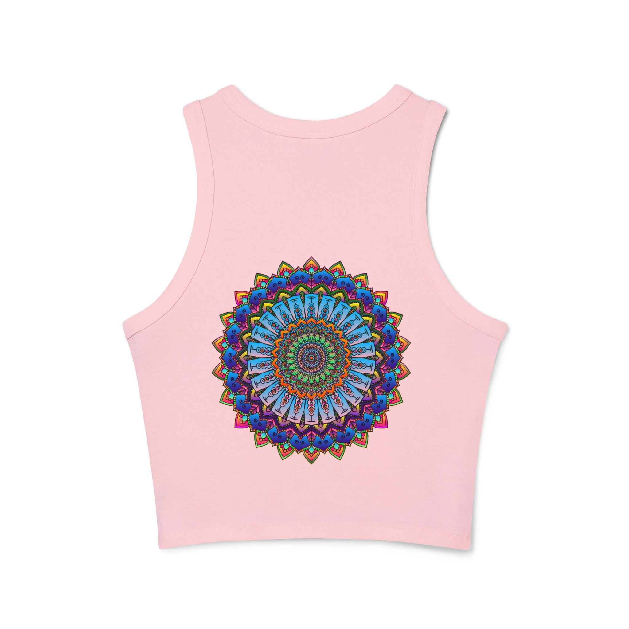 Vibrant Mandala Racerback Tank Top featuring a colorful and intricate mandala design on a comfortable and stylish tank top for women