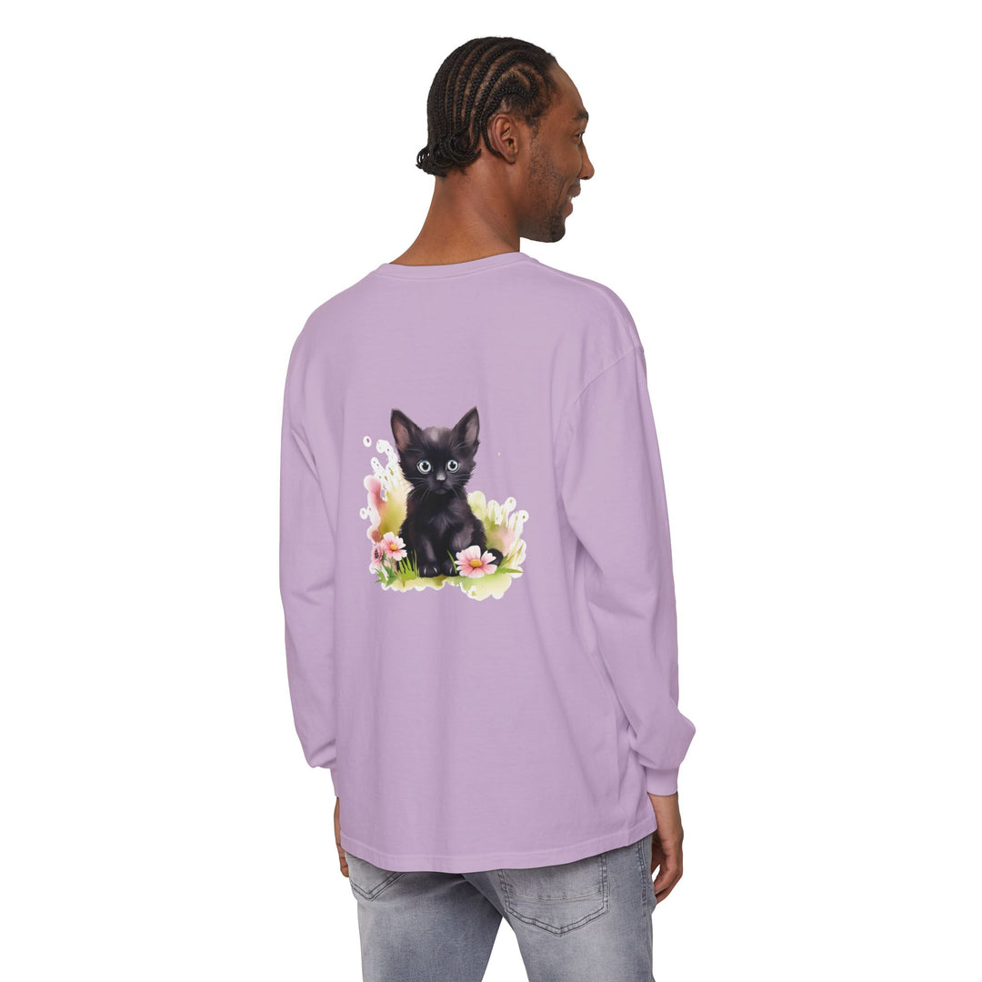 Black Kitten & Pink Flowers Long Sleeve T-Shirt