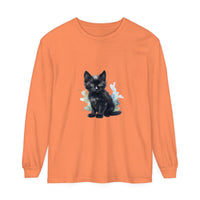 A black kitten watercolor design on a long sleeve t-shirt