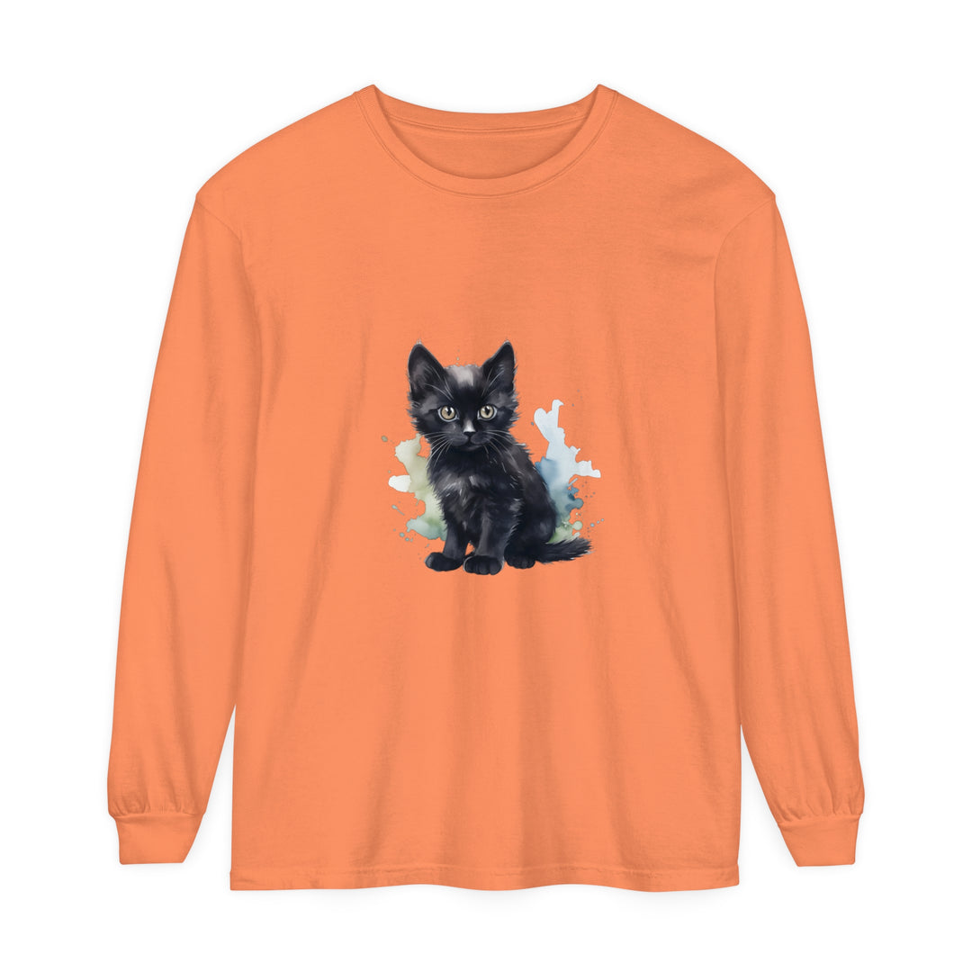 A black kitten watercolor design on a long sleeve t-shirt