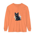 A black kitten watercolor design on a long sleeve t-shirt