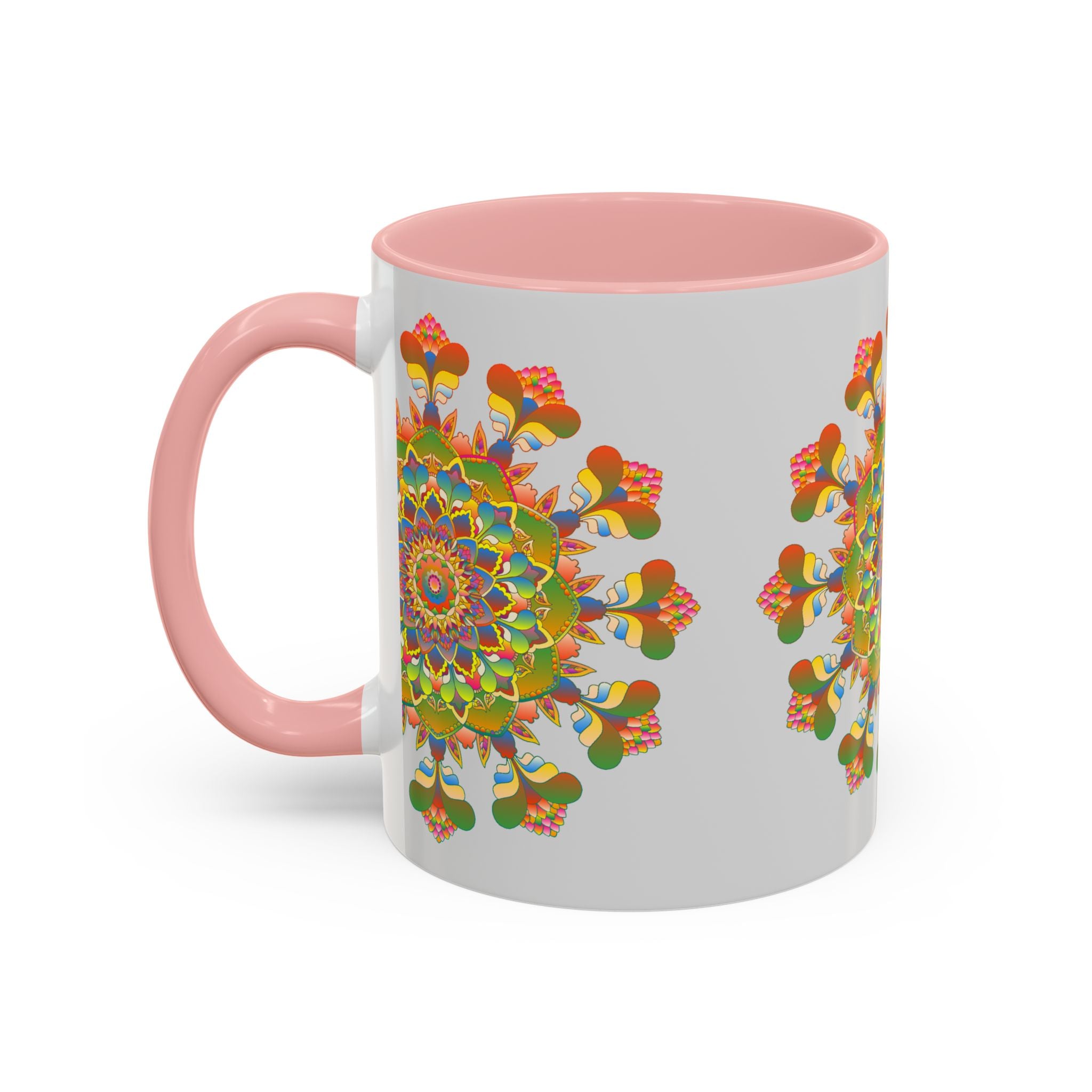 Close-up view of a vibrant and detailed mandala art mug featuring colorful and intricate designs