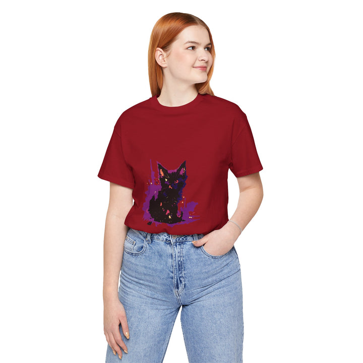 Schwarzes Katzenrätsel – Lila Farbspritzer-T-Shirt