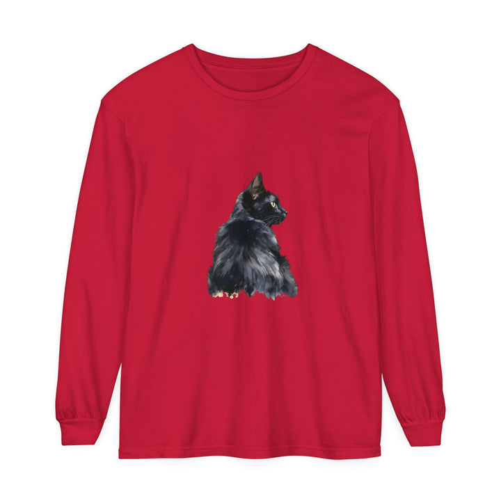 Black Cat Watercolor Long Sleeve T-Shirt featuring a realistic watercolor print of a black cat on the front