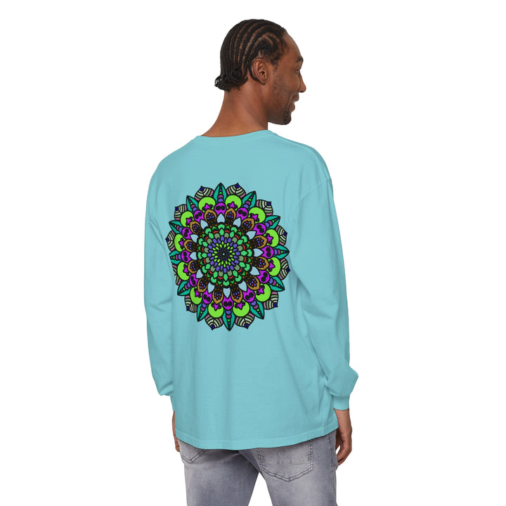 Colorful and intricate psychedelic mandala design on unisex long sleeve t-shirt