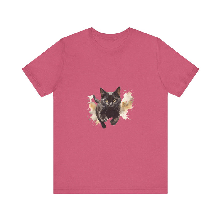 Black Cat Watercolor Sprint T-Shirt: A stylish and comfortable shirt featuring a colorful watercolor print of a black cat, perfect for cat lovers and fashion enthusiasts alike