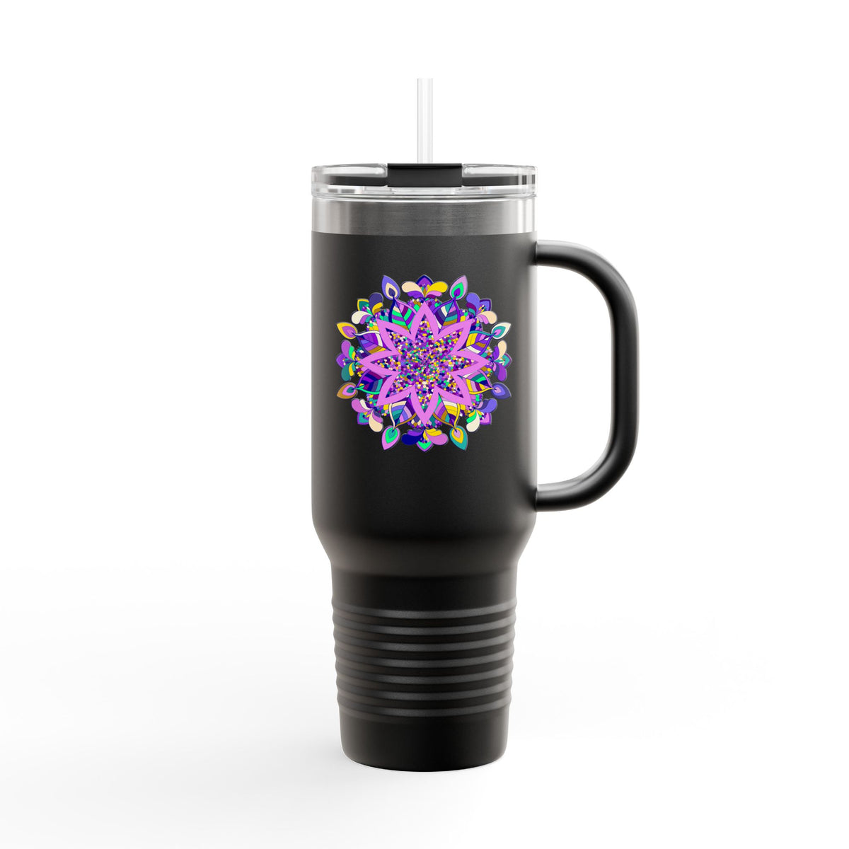 40oz Insulated Travel Mug — Purple Floral Mandala Design