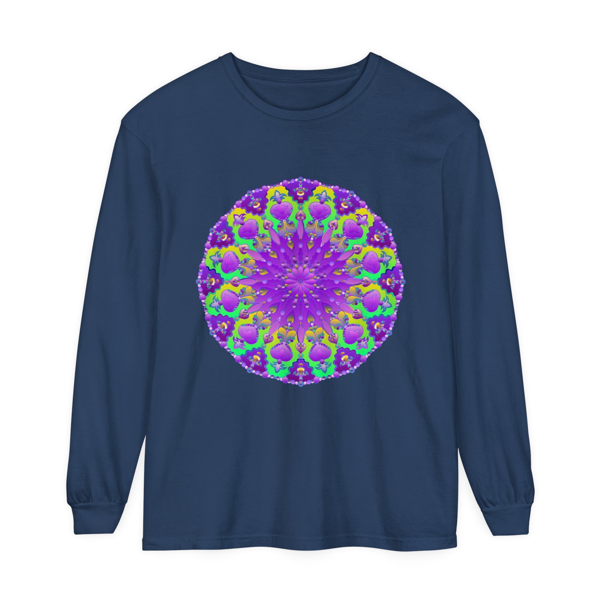 Vibrant purple and green mandala long sleeve t-shirt with intricate design