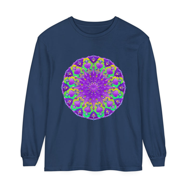 Vibrant purple and green mandala long sleeve t-shirt with intricate design