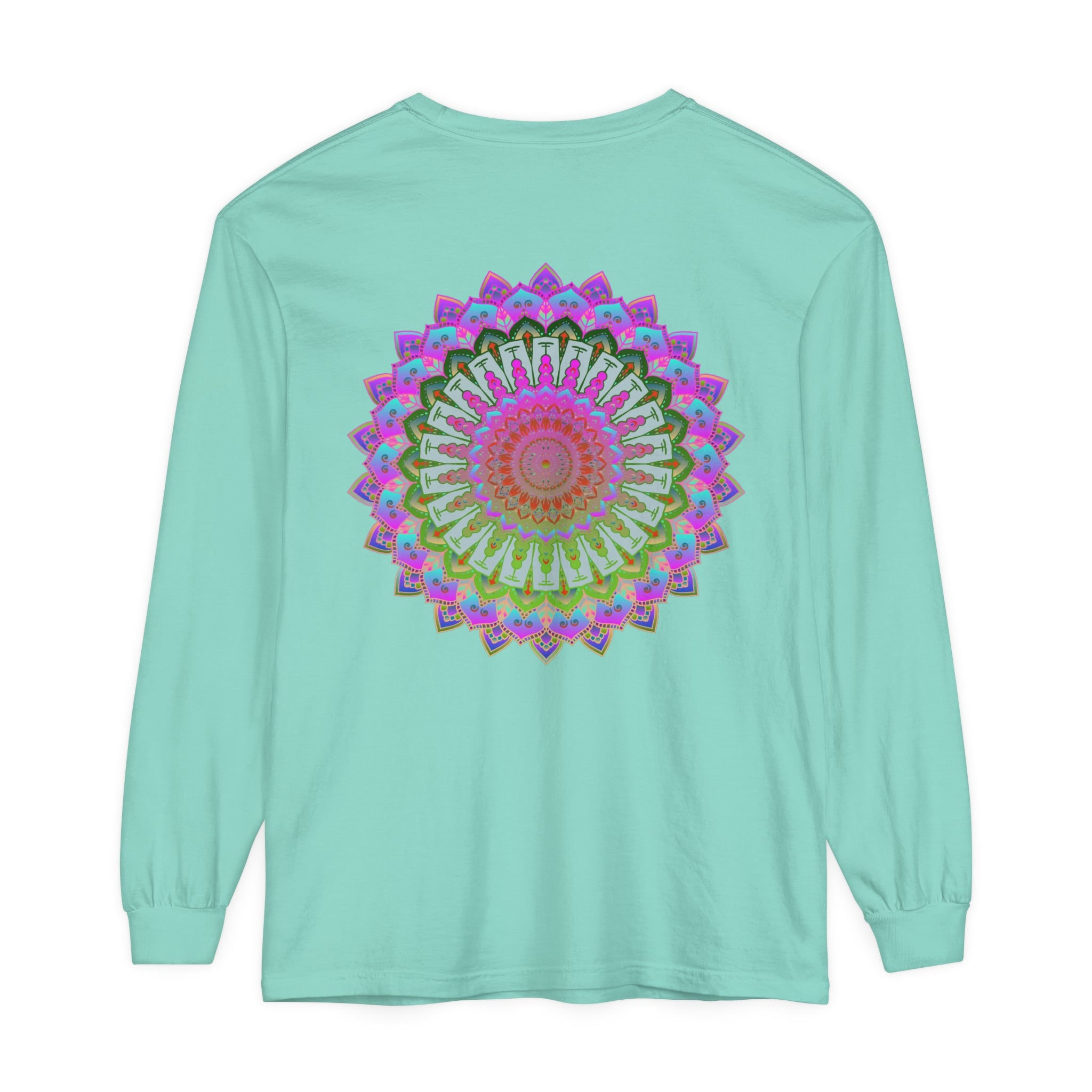Unique unisex long sleeve t-shirt with a stunning and vibrant mandala pattern