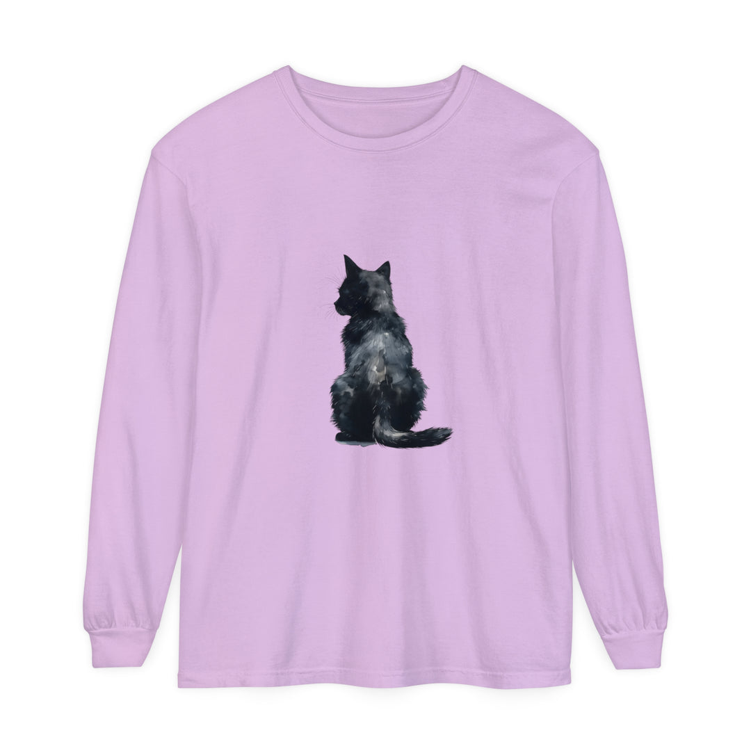 Black Cat Watercolor Long Sleeve T-Shirt featuring a beautiful watercolor design of a black cat on a comfortable long sleeve tee