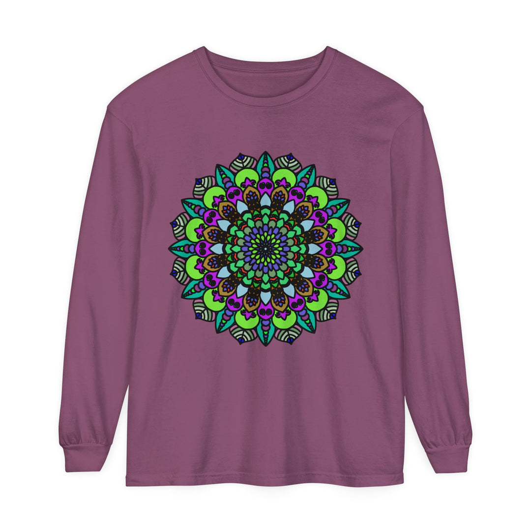 Colorful psychedelic mandala design on unisex long sleeve t-shirt