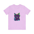 A black t-shirt featuring a mysterious neon cat design on the front