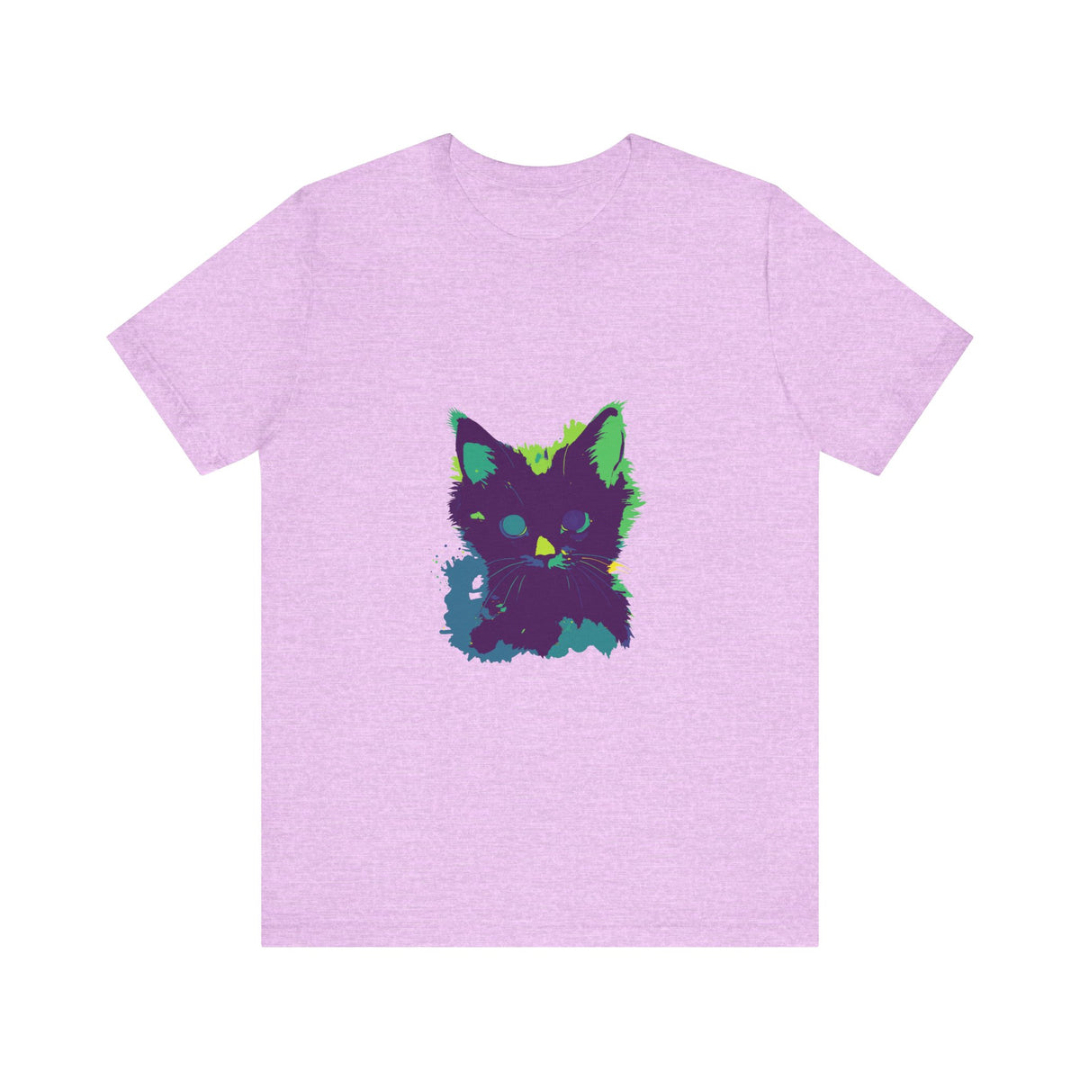 A black t-shirt featuring a mysterious neon cat design on the front