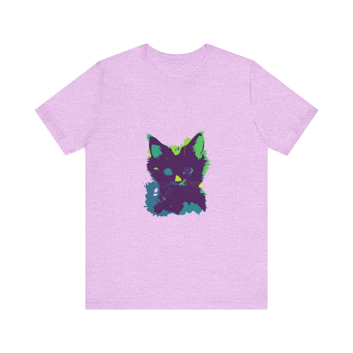 A black t-shirt featuring a mysterious neon cat design on the front