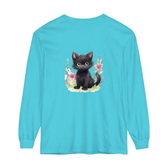 A cute and colorful watercolor t-shirt featuring a playful kitten surrounded by floral designs