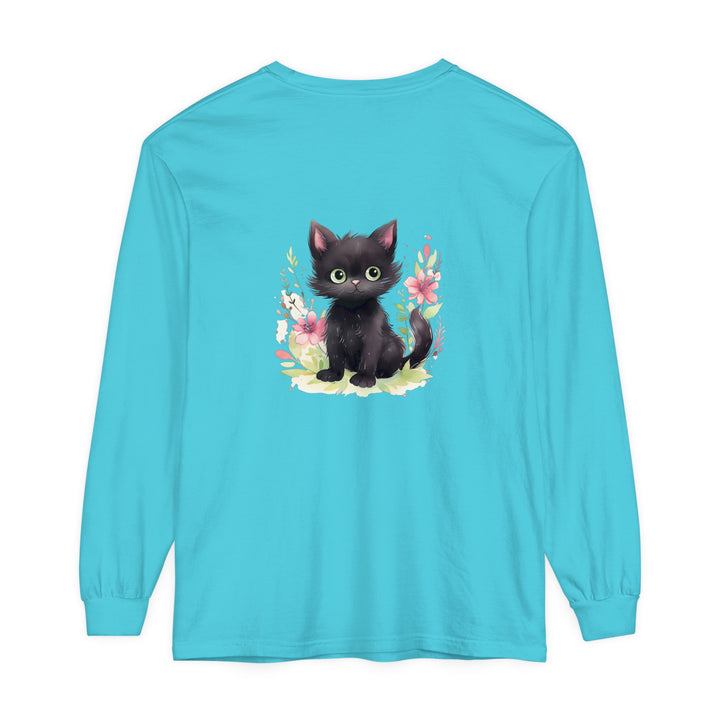 A cute and colorful watercolor t-shirt featuring a playful kitten surrounded by floral designs