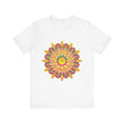 Vibrant mandala t-shirt with colorful and intricate spiritual art design