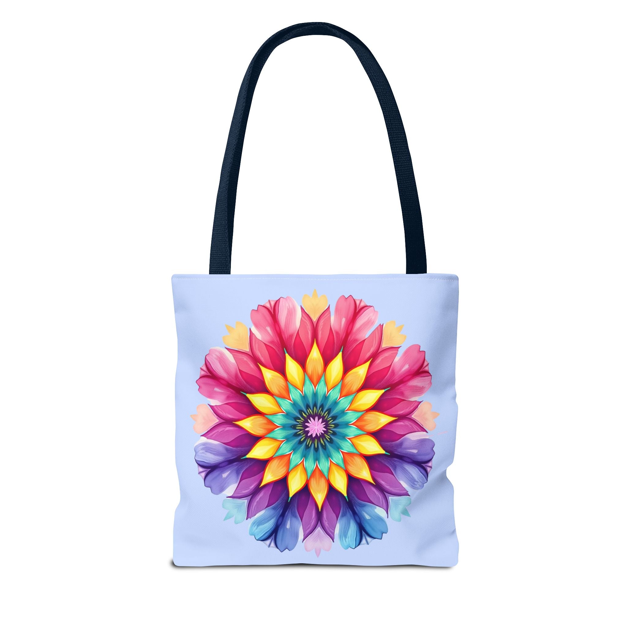 Colorful rainbow mandala tote bag with intricate design and vibrant hues