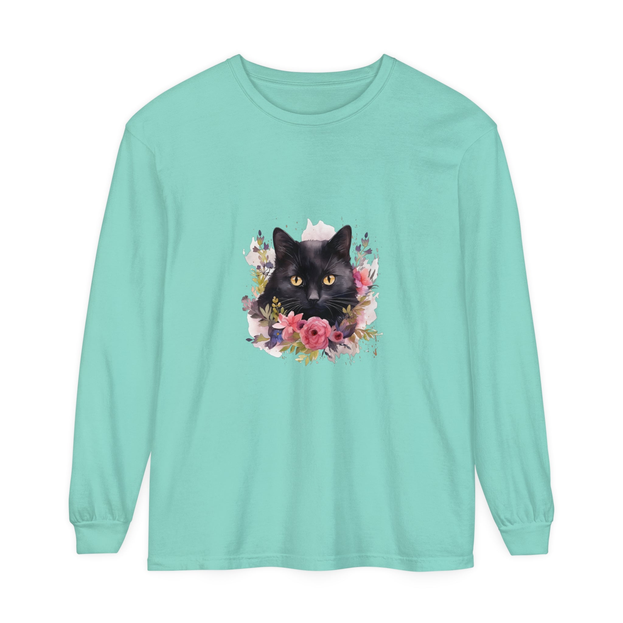 Black Cat Floral Watercolor Long Sleeve T-Shirt with vibrant watercolor design