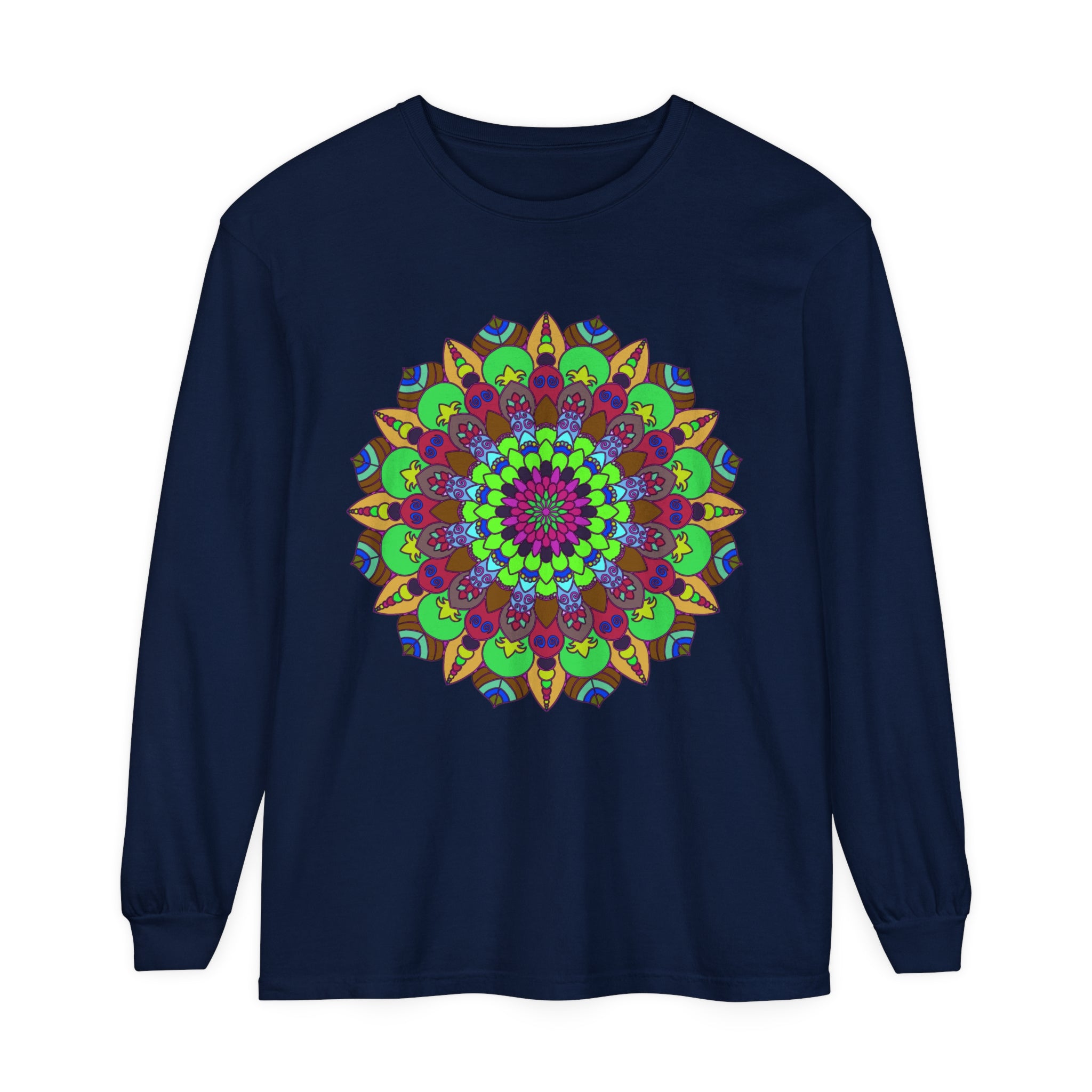 A vibrant and intricately designed mandala pattern long sleeve t-shirt